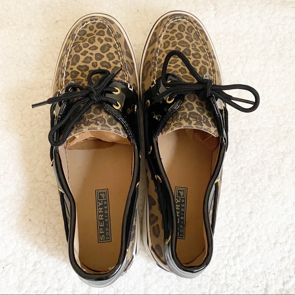 Sperry Leopard Biscayne Patent Leather Top Sider Boat Shoe Tan Black 10 - Picture 8 of 13